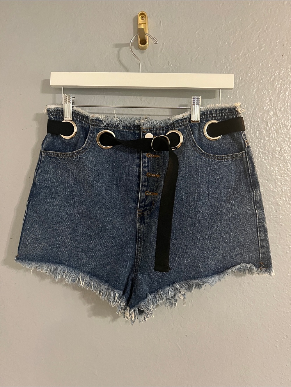 Honey Punch Blue Denim High-Waist Frayed Shorts with Black Web Belt